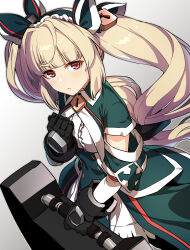 Rule 34 | black gloves, blonde hair, blunt bangs, capelet, cosmic break, dress, feuille vert, gloves, hair ornament, holding, holding weapon, keyhole, lolita fashion, looking at viewer, red eyes, suitcase, tsukinami kousuke, twintails, weapon