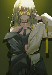 Rule 34 | alternate costume, bandaid, bandaid on face, blonde hair, breasts, choker, collarbone, cowboy shot, earrings, fingernails, glasses, hachi (live union), hand up, highres, jacket, jewelry, live union, long hair, looking at viewer, medium breasts, midriff peek, pointing, pointing at self, shadow, smile, solo, virtual youtuber, wataron, yellow eyes