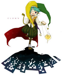 Rule 34 | 1boy, :d, baggy pants, bandage over one eye, black eyes, boots, brown footwear, brown vest, cape, character name, clown (ragnarok online), facial tattoo, full body, green hair, hat, holding, holding instrument, instrument, jester cap, kano (coyotehunt), looking at viewer, lude (ragnarok online), lyre, multicolored clothes, multicolored headwear, open mouth, pants, pointy ears, ragnarok online, red cape, shirt, short hair, smile, standing, standing on one leg, tattoo, teardrop tattoo, triangular headpiece, vest, waist cape, white background, white shirt