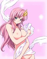 Rule 34 | 00s, 1girl, blue eyes, breast hold, breasts, duplicate, grin, groin, gundam, gundam seed, gundam seed destiny, hair ornament, lacus clyne, large breasts, long hair, looking at viewer, lux (alpa), naughty face, nipples, non-web source, nude, parted bangs, pink hair, polka dot, polka dot background, shawl, smile, solo, sparkle, standing