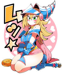 Rule 34 | 1girl, bare shoulders, blonde hair, blue gloves, blush stickers, breasts, dark magician girl, gloves, green eyes, hair between eyes, helmet, kafun, long hair, looking at viewer, pout, seiza, sitting, solo, staff, very long hair, yu-gi-oh!