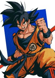 Rule 34 | 1boy, absurdres, black eyes, black hair, blue background, dougi, dragon ball, feet out of frame, fighting stance, hair up, highres, holding, holding pole, long hair, looking at viewer, male focus, muscular, muscular male, open mouth, orange robe, outline, pole, relio db318, robe, short sleeves, smile, solo, son goku, twitter username, upper body, veins, veiny arms, white outline
