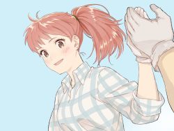 Rule 34 | 1boy, 1girl, blush, breasts, commentary request, earrings, fio piccolo, highres, honoboooono, jewelry, kurenai no buta, looking at viewer, plaid, ponytail, porco rosso (character), red hair, shirt, short hair, smile, studio ghibli
