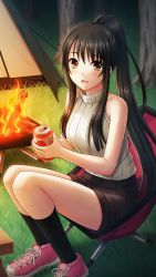 Rule 34 | 1girl, :d, black hair, black shorts, black socks, brown eyes, camping, camping chair, can, doukyuusei, doukyuusei another world, fire, forest, game cg, hair between eyes, high ponytail, holding, holding can, kneehighs, long hair, masaki natsuko, nature, night, official art, open mouth, outdoors, pink footwear, ribbed sweater, shoes, short shorts, shorts, sidelocks, sitting, smile, sneakers, socks, solo, sweater, very long hair, vest, white sweater