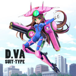 Rule 34 | 1girl, alternate eye color, animal print, blue sky, bodysuit, breasts, brown hair, building, cannon, character name, city, clothes writing, cloud, cloudy sky, commentary request, covered navel, d.va (overwatch), day, facepaint, facial mark, finger gun, full body, fusion, green eyes, hair between breasts, hair ornament, headphones, kenmiko, long hair, looking at viewer, mecha musume, medium breasts, meka (overwatch), open mouth, outdoors, overwatch, overwatch 1, pilot suit, rabbit print, skin tight, sky, skyscraper, solo, swept bangs, turret, very long hair, whisker markings