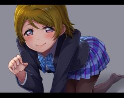 Rule 34 | 1girl, black pantyhose, blazer, blue bow, blue bowtie, blue skirt, blush, bow, bowtie, brown hair, commentary request, grey background, holding, jacket, koizumi hanayo, letterboxed, light blush, long sleeves, looking at viewer, love live!, love live! school idol project, miniskirt, no shoes, otonokizaka school uniform, pantyhose, plaid, plaid skirt, pleated skirt, purple eyes, rice, school uniform, short hair, skirt, smile, solo, striped bow, striped bowtie, striped clothes, striped neckwear, usamaru67pi