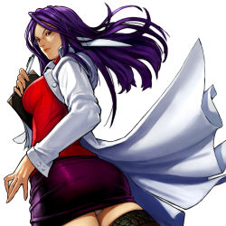 Rule 34 | 1girl, breasts, brown thighhighs, clipboard, glasses, highres, holding, holding clipboard, holding pen, justice gakuen, kim sung hwan, lab coat, long hair, looking back, minazuki kyouko, miniskirt, panties, pantyshot, pen, purple eyes, purple hair, purple skirt, red sweater, ribbed sweater, simple background, skirt, solo, sweater, thighhighs, turtleneck, turtleneck sweater, underwear, white background