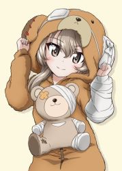 Rule 34 | 10s, 1girl, animal costume, animal hood, bad id, bad twitter id, bandages, bear costume, bear hood, blue hair, boko (girls und panzer), brown eyes, cast, closed mouth, commentary, girls und panzer, head tilt, holding, holding ears, hood, kanau, light blue hair, light brown hair, long hair, long sleeves, looking at viewer, pajamas, shimada arisu, simple background, smile, solo, stuffed animal, stuffed toy, teddy bear, upper body, w arms, yellow background