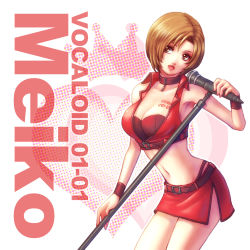 Rule 34 | 1girl, :d, armor, barcode, barcode tattoo, bra, breasts, brown eyes, brown hair, buckle, character name, cleavage, copyright name, cowboy shot, head tilt, large breasts, leaning forward, looking at viewer, meiko (vocaloid), microphone, microphone stand, miniskirt, nail polish, navel, open mouth, red bra, red nails, red skirt, red vest, side slit, skirt, smile, solo, standing, stomach, tatehama, tattoo, underbust, underwear, vest, vocaloid, wristband