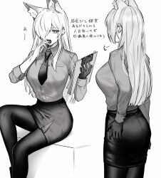 Rule 34 | 1girl, puff of air, animal ears, ass, blue archive, breasts, clipboard, collared shirt, gloves, greyscale, hair over one eye, highres, holding, holding clipboard, kanna (blue archive), large breasts, long hair, long sleeves, monochrome, multiple boys, necktie, open mouth, pantyhose, pencil skirt, sharp teeth, shirt, simple background, sitting, skirt, teeth, translation request, tsuno (tnngur)