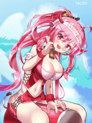 Rule 34 | 1girl, bell, bemani, blue sky, blush, breasts, cleavage, day, feathered wings, highres, igo (igo150), large breasts, long hair, looking at viewer, midriff, navel, open mouth, pink eyes, pink hair, rasis, sky, smile, solo, sound voltex, wings