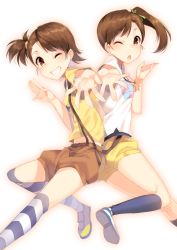 Rule 34 | 2girls, 7zu7, blush, brown hair, futami ami, futami mami, grin, idolmaster, idolmaster (classic), looking at viewer, multiple girls, one eye closed, short hair, siblings, side ponytail, simple background, sisters, smile, socks, striped clothes, striped legwear, striped thighhighs, suspenders, thighhighs, twins, white background, wink