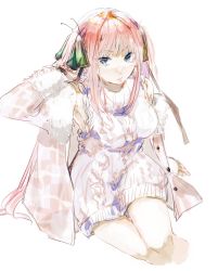 Rule 34 | 1girl, arm up, armpits, asai (00:05), bare legs, black ribbon, blue eyes, blunt bangs, blush, breasts, butterfly hair ornament, checkered clothes, closed mouth, coat, from above, fur collar, fur cuffs, go-toubun no hanayome, hair ornament, hime cut, large breasts, long hair, looking at viewer, nakano nino, off shoulder, pink coat, pink hair, ribbon, simple background, sitting, sleeveless, sleeveless sweater, sweater, thick thighs, thighs, twintails, v-shaped eyebrows, white background, white sweater, wide hips