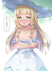Rule 34 | ..., 1girl, bare shoulders, blonde hair, blunt bangs, blush, braid, clothes pull, collarbone, creatures (company), crossed arms, dress, dress pull, flat chest, game freak, green eyes, half-closed eyes, hat, highres, lillie (pokemon), long hair, looking at viewer, nintendo, nipples, no bra, off shoulder, open mouth, pokemon, pokemon sm, side braid, solo, speech bubble, sun hat, text focus, tiger rmn, translated, tree shade, twin braids, undressing