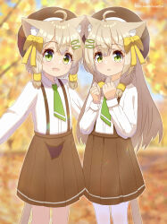 Rule 34 | 2girls, absurdres, ahoge, animal ear fluff, animal ears, artist name, autumn, autumn leaves, beret, blurry, blurry background, blush, bow, brown hair, brown headwear, brown skirt, cat ears, cat girl, cat tail, clenched hands, collared shirt, day, female focus, fish hair ornament, flat chest, green eyes, green necktie, hair bow, hair ornament, hairclip, hands up, happy, hat, hazakura hinata, heterochromia, highres, long hair, long sleeves, looking at viewer, miniskirt, multiple girls, necktie, open mouth, orange background, original, outdoors, pantyhose, pleated skirt, school uniform, shirt, shirt tucked in, siblings, sidelocks, signature, sisters, skirt, smile, standing, suspender skirt, suspenders, tail, tree, twins, white pantyhose, white shirt, yellow bow, yellow eyes