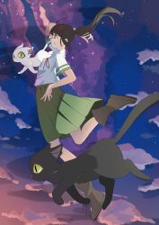 Rule 34 | 1girl, arril100, black cat, blue sky, boots, brown eyes, brown footwear, brown hair, cat, cloud, cloudy sky, from side, full body, gradient sky, green skirt, hair ornament, highres, iwato suzume, looking at viewer, midair, neck ribbon, outdoors, pleated skirt, ponytail, purple sky, red ribbon, ribbon, school uniform, shirt, short sleeves, skirt, sky, star (sky), starry sky, suzume no tojimari, teeth, white cat, white shirt, x hair ornament