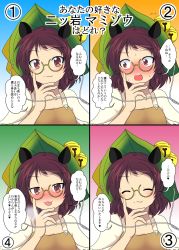 Rule 34 | 1girl, animal ears, bell, blush, brown eyes, brown hair, confession, flying sweatdrops, futatsuiwa mamizou, glasses, headwear request, highres, leaf, leaf on head, looking at viewer, mikazuki neko, multiple views, raccoon ears, sweatdrop, text focus, tongue, tongue out, touhou, translation request