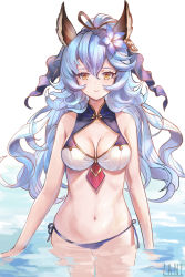 Rule 34 | 1girl, animal ears, artist name, bare shoulders, bikini, blue flower, blue hair, blue ribbon, blush, breasts, brown eyes, cleavage, commentary request, earrings, erune, ferry (granblue fantasy), ferry (summer) (granblue fantasy), flower, granblue fantasy, hair between eyes, hair flower, hair ornament, hair ribbon, highres, jewelry, lips, long hair, looking at viewer, medium breasts, ponytail, rabbit ears, revision, ribbon, side-tie bikini bottom, simple background, single earring, solo, standing, swimsuit, sxbzero, wading, water, wavy hair, white background