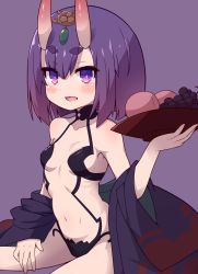 Rule 34 | 1girl, absurdres, bare shoulders, blush, bob cut, breasts, collarbone, eyeliner, fangs, fate/grand order, fate (series), food, fruit, fruit bowl, grapes, headpiece, highres, horns, japanese clothes, kimono, long sleeves, looking at viewer, makeup, navel, off shoulder, oni, open clothes, open kimono, open mouth, peach, purple background, purple eyes, purple hair, purple kimono, revealing clothes, rokugou (pixiv4319500), short hair, shuten douji (fate), sitting, skin-covered horns, small breasts, smile, thighs, wide sleeves