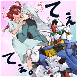 2girls ahoge ass asticassia_school_uniform black_hairband blue_eyes blush dress green_jacket green_shorts grey_hair gundam gundam_suisei_no_majo hair_between_eyes hair_tie hairband hand_on_another&#039;s_shoulder hand_on_another&#039;s_waist jacket long_hair long_sleeves low_ponytail mecha miorine_rembran multiple_girls open_mouth pink_background red_hair robot sanada_ikki school_uniform short_hair_with_long_locks short_sleeves shorts suletta_mercury sweatdrop thick_eyebrows wavy_mouth white_dress