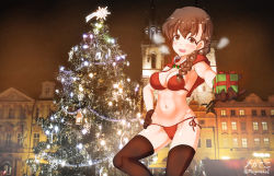 Rule 34 | 1girl, armpit peek, bikini, black gloves, black thighhighs, blush, bow, braid, braided ponytail, breasts, brown eyes, brown hair, cameltoe, christmas, christmas present, christmas tree, cleavage, female focus, gift, girls und panzer, gloves, groin, hair bow, hair ornament, hairclip, hand on own hip, highres, looking at viewer, medium breasts, megadeko, navel, open mouth, outdoors, photo background, red bikini, rukuriri (girls und panzer), smile, solo, swimsuit, thighhighs