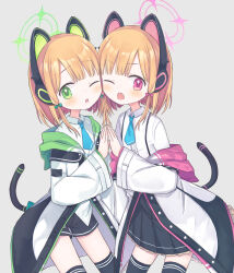 Rule 34 | 2girls, amakaze sora, animal ear headphones, animal ears, aqua necktie, black shorts, black skirt, black thighhighs, blonde hair, blue archive, bow, cat ear headphones, cat tail, commentary, cowboy shot, fake animal ears, flat chest, green bow, green eyes, grey background, hair bow, halo, headphones, jacket, light blush, long sleeves, looking at viewer, medium hair, midori (blue archive), momoi (blue archive), multiple girls, necktie, one eye closed, open mouth, pink bow, pink eyes, pleated skirt, shirt, shorts, siblings, sisters, skirt, tail, thighhighs, v-shaped eyebrows, white jacket, white shirt, zettai ryouiki