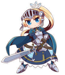 Rule 34 | 1girl, armor, armored boots, armored dress, black gloves, blonde hair, blue cape, blue dress, blue eyes, blush, boots, breastplate, cape, chibi, closed mouth, dress, feather hair ornament, feathers, forte (rune factory), full body, gloves, hair ornament, high ponytail, highres, holding, holding sword, holding weapon, juliet sleeves, long hair, long sleeves, looking at viewer, naga u, parted bangs, ponytail, puffy sleeves, rune factory, rune factory 4, simple background, solo, standing, sword, v-shaped eyebrows, vambraces, very long hair, visor (armor), weapon, white background, white feathers