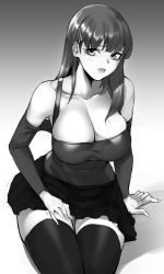 Rule 34 | 1girl, akchu, bare shoulders, blush, breasts, cleavage, greyscale, highres, large breasts, long hair, looking at viewer, miniskirt, mole, mole on breast, mole under eye, monochrome, off shoulder, original, sitting, skirt, thighhighs, thighs, unfinished