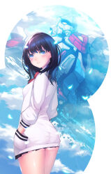 Rule 34 | 1girl, ass, black hair, black skirt, blue eyes, blue sky, blush, bow, breasts, cardigan, closed mouth, cloud, cowboy shot, from behind, gridman universe, hands in pockets, highres, long hair, long sleeves, looking at viewer, looking back, mecha, miniskirt, pleated skirt, red bow, robot, school uniform, skirt, sky, small breasts, solo, ssss.gridman, standing, takarada rikka, thighs, white cardigan, wookyung