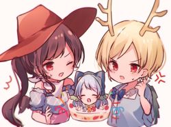 Rule 34 | ^ ^, anger vein, antlers, blonde hair, blue hair, brown hair, cake, closed eyes, commentary request, double v, food, fork, green headwear, haniyasushin keiki, hat, head scarf, holding, holding fork, horns, jewelry, kicchou yachie, kurokoma saki, long hair, magatama, magatama necklace, moshihimechan, necklace, one eye closed, open mouth, ponytail, red eyes, short hair, simple background, sweatdrop, swept bangs, touhou, v, white background, wince