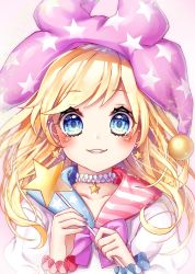 Rule 34 | 1girl, american flag, american flag print, bad id, bad twitter id, blonde hair, blue eyes, blue nails, blush, bow, clownpiece, collarbone, commentary, earrings, fang, flag print, grin, hat, highres, holding, holding wand, jester cap, jewelry, kyouda suzuka, long hair, looking at viewer, nail polish, neck ruff, pink background, pink bow, pink hat, puffy short sleeves, puffy sleeves, sailor collar, shirt, short sleeves, smile, solo, star (symbol), star earrings, star print, symbol-only commentary, touhou, upper body, wand, white shirt, wrist cuffs