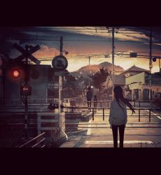 Rule 34 | 1boy, 2girls, arms at sides, brown hair, facing away, highres, kukka, letterboxed, long hair, long sleeves, multiple girls, original, outdoors, power lines, railroad crossing, railroad signal, railroad tracks, road, road sign, scenery, short hair, sign, sunset, sweater