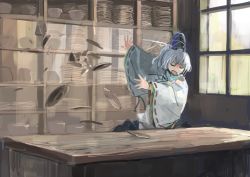 Rule 34 | 1girl, angry, bowl, broken, dishes, closed eyes, grey hair, hat, ichiba youichi, japanese clothes, long hair, long sleeves, mononobe no futo, open mouth, plate, plate stack, ponytail, ribbon, shelf, shirt, skirt, solo, table, tate eboshi, throwing, touhou, wide sleeves