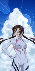 Rule 34 | 1girl, absurdres, black hairband, blue eyes, blue sky, bodysuit, breasts, brown hair, closed mouth, cloud, commentary request, cowboy shot, evangelion: 3.0+1.0 thrice upon a time, glasses, hairband, hand on own hip, high collar, highres, lens flare, long hair, looking at viewer, low twintails, makinami mari illustrious, medium breasts, neon genesis evangelion, plugsuit, rebuild of evangelion, red-framed eyewear, semi-rimless eyewear, sky, smile, solo, twintails, user zyzm3884, white bodysuit