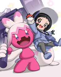Rule 34 | 2girls, :d, absurdres, black gloves, black hair, cardigan, commentary request, creatures (company), game freak, gloves, gonzarez, grey cardigan, grey footwear, hammer, happy, highres, holding, holding hammer, holding poke ball, huge weapon, jewelry, long sleeves, multiple girls, necklace, nintendo, open cardigan, open clothes, open mouth, pantyhose, poke ball, poke ball (basic), pokemon, pokemon (creature), pokemon sv, poppy (pokemon), shoes, smile, teeth, tinkaton, tongue, upper teeth only, weapon