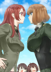 Rule 34 | 4girls, absurdres, blue eyes, blush, brave witches, breasts, brown hair, closed mouth, cloud, cloudy sky, gundula rall, hand on own hip, highres, karibuchi hikari, large breasts, long hair, looking at another, memory (prophet5), military, military uniform, minna-dietlinde wilcke, miyako yoshika, multiple girls, open mouth, outdoors, red eyes, red hair, short hair, sky, smile, strike witches, sweatdrop, uniform, world witches series, yuri