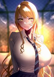 Rule 34 | 1girl, absurdres, black necktie, black skirt, blonde hair, blurry, blurry background, blush, breasts, chain-link fence, collared shirt, cowboy shot, diagonal-striped clothes, diagonal-striped necktie, dusk, facial mark, fate/grand order, fate (series), fence, highres, large breasts, lee-taro, long hair, necktie, parted lips, pleated skirt, school uniform, shirt, signature, skirt, solo, striped clothes, taut clothes, taut shirt, vritra (fate), white shirt, yellow eyes
