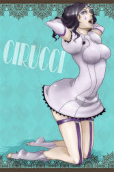 Rule 34 | 1girl, arms up, arrancar, bleach, character name, cirucci sanderwicci, dress, facial mark, gloves, hair down, hair ornament, kneeling, lipstick, looking at viewer, makeup, open mouth, pixiv sample, puffy sleeves, purple eyes, purple hair, purple lips, resized, solo, ssyk603, thigh strap, wavy hair, white dress, white gloves