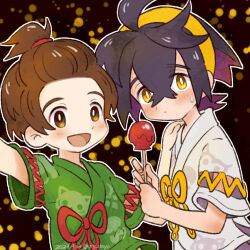 Rule 34 | 2boys, ahoge, asu (as dayo), bangs pinned back, black hair, blush, brown eyes, brown hair, candy, candy apple, child, clenched hands, colored inner hair, creatures (company), crossed bangs, dated, embarrassed, eyebrows hidden by hair, fingernails, florian (pokemon), food, forehead, friends, game freak, hair between eyes, hair ornament, hairband, hands up, happy, holding, holding candy, holding food, japanese clothes, jinbei (clothes), kieran (pokemon), looking at viewer, male focus, matching hair/eyes, medium hair, midriff peek, mole, mole on neck, multicolored hair, multiple boys, neck, night, nintendo, official alternate costume, official alternate hairstyle, open mouth, outdoors, outstretched arm, parted lips, pokemon, pokemon sv, purple hair, selfie, short sleeves, sidelocks, signature, smile, standing, sweatdrop, topknot, traditional clothes, two-tone hair, upper body, wide sleeves, yellow eyes, yellow hairband