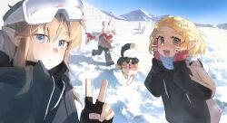 &gt;_&lt; 1boy 2girls black_gloves black_jacket blonde_hair blue_eyes blush braid commentary_request contemporary crown_braid deformed dog facial_mark fingerless_gloves gloves goggles goggles_on_head green_eyes hands_on_own_cheeks hands_on_own_face highres jacket link long_hair looking_at_viewer low-tied_long_hair multiple_girls nintendo paya_(zelda) princess_zelda short_hair sidelocks snow the_legend_of_zelda the_legend_of_zelda:_tears_of_the_kingdom v whisker_markings white_hair winter winter_clothes yumiyumo3o
