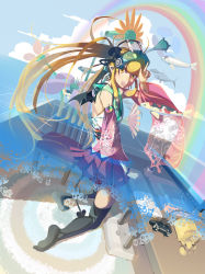 Rule 34 | 1girl, black thighhighs, blonde hair, brown hair, clothes lift, controller, day, demon girl, detached sleeves, earrings, fang, fish, flower, from behind, game console, game controller, highres, horns, jewelry, kneeling, laughing, long hair, looking back, miniskirt, multicolored hair, pixelation, playstation 2, pleated skirt, psychedelic, rainbow, skirt, skirt lift, sky, smile, solo, tail, thighhighs, two-tone hair, very long hair, visor, vofan, wings, yellow eyes, zettai ryouiki