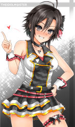 Rule 34 | 10s, 1girl, arm strap, bad id, bad pixiv id, bare arms, bare shoulders, belt, black hair, blush, collarbone, dress, gradient background, grey eyes, heart, idolmaster, idolmaster (classic), idolmaster 2, inu (marukome), jewelry, kikuchi makoto, looking at viewer, multiple belts, neckerchief, pendant, print dress, revision, shirt, smile, solo, striped, striped background, thigh strap, wrist cuffs