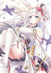 Rule 34 | 1girl, azur lane, black gloves, blue eyes, breasts, closed mouth, commentary request, fingerless gloves, gloves, hair ornament, highres, japanese clothes, katana, long hair, mole, mole under eye, quin (himegata alice), shoukaku (azur lane), silver hair, solo, sword, thighhighs, weapon, white thighhighs, wide sleeves