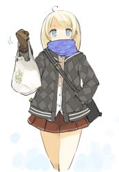 Rule 34 | 1girl, ahoge, argyle, argyle clothes, argyle sweater, bag, blonde hair, blue eyes, brown gloves, gloves, long hair, looking at viewer, mota, original, plastic bag, pleated skirt, scarf, simple background, skirt, solo, sweater, white background
