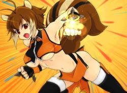 Rule 34 | 1girl, ahoge, animal ears, antenna hair, arc system works, bad id, bad pixiv id, blazblue, blazblue: continuum shift, boots, breasts, brown hair, gloves, incoming attack, incoming punch, makoto nanaya, medium breasts, midriff, navel, orange skirt, punching, red eyes, revealing clothes, skirt, solo, soumendaze, squirrel ears, squirrel tail, tail, thigh boots, thighhighs, tonfa, underboob, weapon