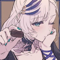 Rule 34 | 1girl, aqua eyes, blush, braid, chocolate, collarbone, feather hair ornament, feathers, food, foreshortening, french braid, green nails, hair ornament, hairclip, head rest, heart, heart-shaped pupils, highres, hololive, hololive indonesia, lips, long hair, looking at viewer, macaron, nail polish, one eye closed, pavolia reine, pochi (pochi-goya), silver hair, solo, symbol-shaped pupils, upper body, virtual youtuber