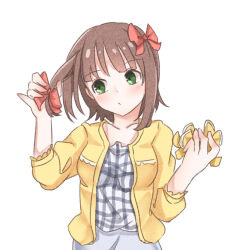 Rule 34 | 1girl, aa211108, amami haruka, blush, breasts, brown hair, closed mouth, collarbone, dot mouth, dot nose, green eyes, grey skirt, hair ribbon, holding, holding ribbon, idolmaster, idolmaster (classic), idolmaster million live!, idolmaster million live! theater days, looking to the side, medium breasts, medium hair, open clothes, open shirt, plaid, plaid shirt, red ribbon, ribbon, shirt, simple background, skirt, sleeves past elbows, solo, straight hair, unworn ribbon, upper body, white background, yellow ribbon, yellow shirt