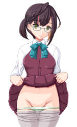 Rule 34 | 1girl, brown hair, cleft of venus, clothes lift, clothes pull, cowboy shot, green eyes, green panties, groin, hair ornament, hairclip, kantai collection, lifted by self, looking at viewer, multicolored hair, navel, okinami (kancolle), oyabun (higashi), panties, pantyhose, pantyhose pull, pussy, pussy peek, simple background, skirt, skirt lift, smile, solo, underwear