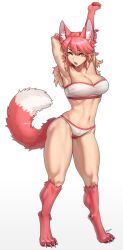 Rule 34 | 1girl, absurdres, animal ears, armpits, breasts, commission, full body, hair between eyes, highres, large breasts, looking at viewer, monster girl, navel, one eye closed, open mouth, original, pgm300, pink eyes, pink fur, pink hair, simple background, solo, standing, strapless, stretching, tail, teeth, tongue, tube top, white background, white fur