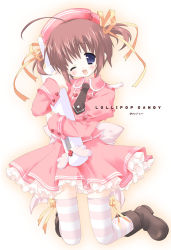 Rule 34 | 1girl, ;d, ahoge, blue eyes, blush, boots, bow legwear, brown footwear, brown hair, brown necktie, candy, cross, female focus, food, full body, greek cross, hair ribbon, hat, heart, juliet sleeves, kneeling, lollipop, lollipop candy, long sleeves, looking at viewer, morinaga korune, necktie, nurse, one eye closed, open mouth, petticoat, puffy sleeves, red cross, ribbon, short hair, skirt, smile, solo, striped clothes, striped thighhighs, syringe, thermometer, thighhighs, twintails, wink, yellow ribbon